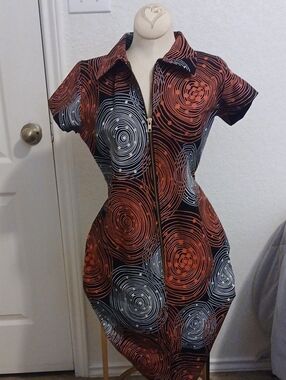 Zip-Front Black Mini Dress with Rust and Silver Swirl Print